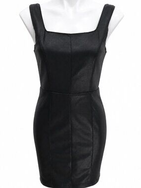 Medium sleeveless black mini dress. Faux leather. Form Fitting. Dinner Cocktail